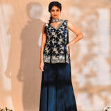 Deep Blue Tissue Silk Embroidered Sharara Set