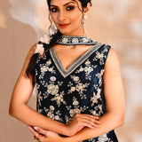 Deep Blue Tissue Silk Embroidered Sharara Set