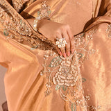 Soft Copper Beige Floral Embrodiery Designer Tissue Saree