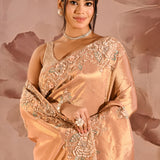 Soft Copper Beige Floral Embrodiery Designer Tissue Saree
