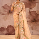 Beige Meenakari Floral Embroidery Organza Tissue Saree