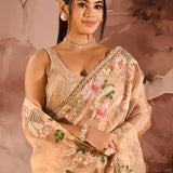 Beige Meenakari Floral Embroidery Organza Tissue Saree