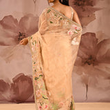 Beige Meenakari Floral Embroidery Organza Tissue Saree