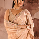 Champagne Pearl Floral Embroidery Silk Blend Saree