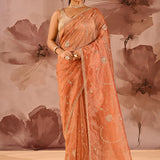 Sunset Amber Floral Jaal Tissue Embroidery Saree