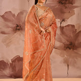 Sunset Amber Floral Jaal Tissue Embroidery Saree