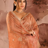 Sunset Amber Floral Jaal Tissue Embroidery Saree