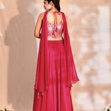 Bright Pink Tissue Silk Floral Woven Indo-Western Set