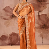 Burnt Amber Floral Embroidery Silk Blend Saree