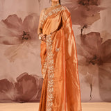 Burnt Amber Floral Embroidery Silk Blend Saree