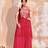 Bright Pink Tissue Silk Floral Woven Indo-Western Set