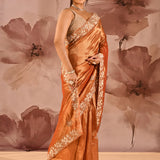 Burnt Amber Floral Embroidery Silk Blend Saree