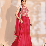 Bright Pink Tissue Silk Floral Woven Indo-Western Set