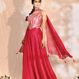 Bright Pink Tissue Silk Floral Woven Indo-Western Set