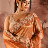 Burnt Amber Floral Embroidery Silk Blend Saree
