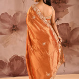 Burnt Amber Floral Embroidery Silk Blend Saree