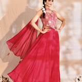 Bright Pink Tissue Silk Floral Woven Indo-Western Set