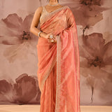 Coral Orange Striped Designer Embroidered Organza Saree