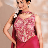 Bright Pink Tissue Silk Floral Woven Indo-Western Set