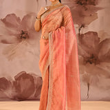 Coral Orange Striped Designer Embroidered Organza Saree