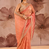 Coral Orange Striped Designer Embroidered Organza Saree