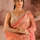 Coral Orange Striped Designer Embroidered Organza Saree