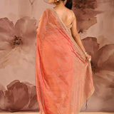 Coral Orange Striped Designer Embroidered Organza Saree