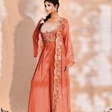 Bright Orange Tissue Silk Embroidered Indo-Western Set