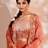 Bright Orange Tissue Silk Embroidered Indo-Western Set