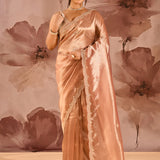 Copper Peach Designer Embroidery Tissue Saree