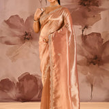 Copper Peach Designer Embroidery Tissue Saree