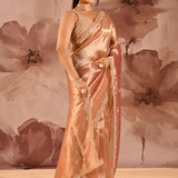 Copper Peach Designer Embroidery Tissue Saree