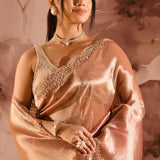 Copper Peach Designer Embroidery Tissue Saree