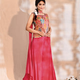 Bright Pink Tissue Silk Floral Indo-Western Set