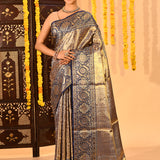 Navy Blue Floral Kanjivaram Tissue Saree