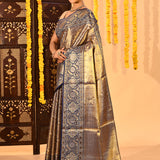 Navy Blue Floral Kanjivaram Tissue Saree