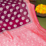 Wine Purple Banarasi Silk Saree With Silver Booti & Pink Floral Pallu