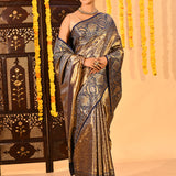 Navy Blue Floral Kanjivaram Tissue Saree