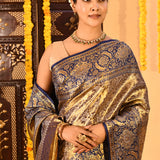 Navy Blue Floral Kanjivaram Tissue Saree