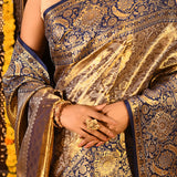 Navy Blue Floral Kanjivaram Tissue Saree