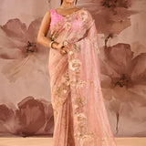 Rose Quartz Floral Embroidery Tissue Saree