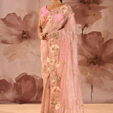 Rose Quartz Floral Embroidery Tissue Saree