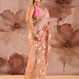 Rose Quartz Floral Embroidery Tissue Saree