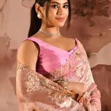 Rose Quartz Floral Embroidery Tissue Saree