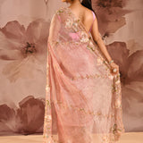 Rose Quartz Floral Embroidery Tissue Saree