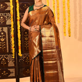 Bronze Gold Textured Butti And Checks Kanjivaram Tissue Saree