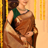 Bronze Gold Textured Butti And Checks Kanjivaram Tissue Saree