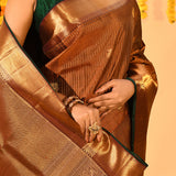 Bronze Gold Textured Butti And Checks Kanjivaram Tissue Saree