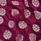 Wine Purple Banarasi Silk Saree With Silver Booti & Pink Floral Pallu