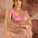 Mocha Bronze Floral Jaal Tissue Embroidery Saree